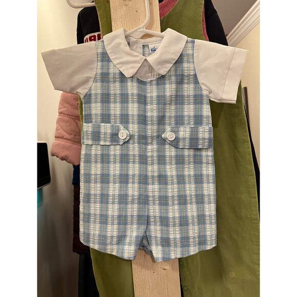 Baby Boy Plaid Shortall Romper | Alexis | Blue White Check | 0-6M - Picture 1 of 3